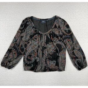 Maeve Shirt Womens Small Black‎ Colorful Smocked Sleeve Paisley Peasant Top Boho